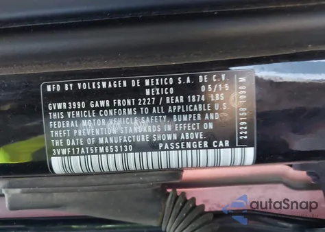 2015 Volkswagen Beetle 1.8T Classic из США, поврежденный, VIN 3VWF17AT5FM653130